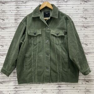 Zara Corduroy Shacket Womens XS Green Oversized Raw Hem Pockets Boho Jacket